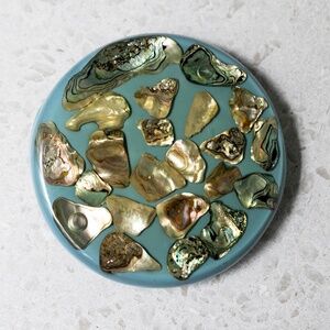 Lucite Resin Trivet Hot Plate Abalone Shell Mid Century Round 5 3/8" 1969 VTG
